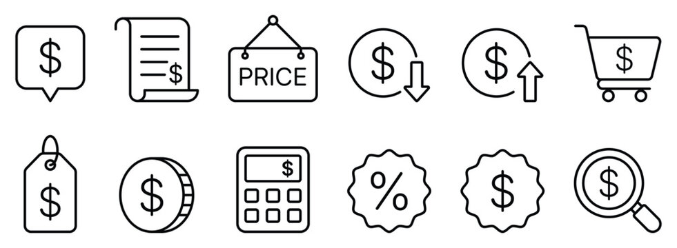 Price black line icons set with financial tag calculator invoice chart and shopping cart for business commerce sales discount and marketing retail. Vector illustration.