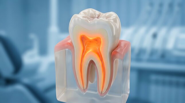 3d medical of a human molar with inflamed pulp chamber and root canals