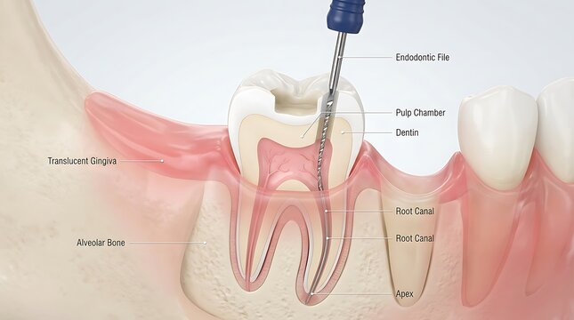 Anatomical cross-section of human mandible with molar tooth root canal treatment