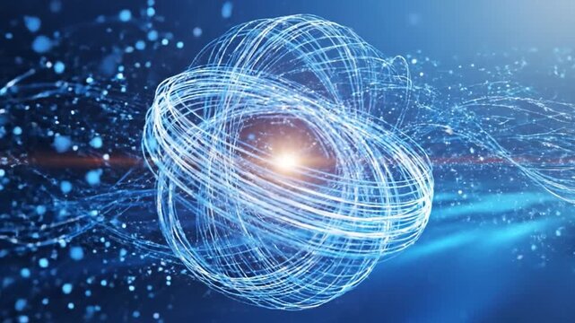 Abstract glowing energy vortex with particle streams representing technological advancement and scientific concepts