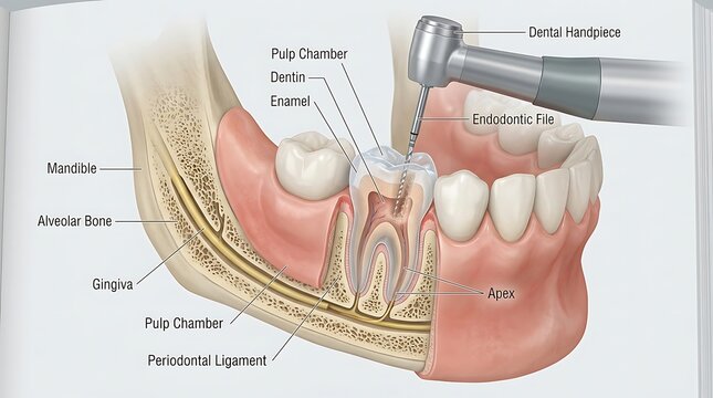 Anatomical view of mandibular molar tooth during root canal procedure with handpiece