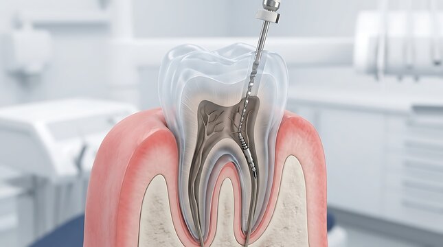 Cross section of a molar tooth undergoing root canal treatment with an endodontic file