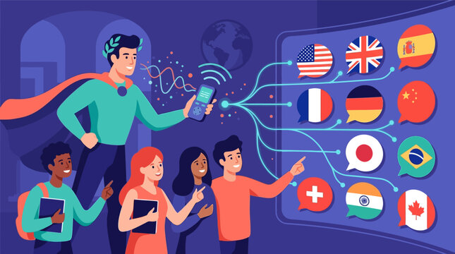Flat vector illustration of a superhero teacher wearing a cape and laurel wreath, using a digital translation device to show various world flags to a group of diverse students.