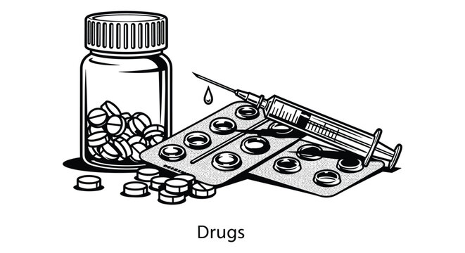Flat design vector illustration of prescription drugs and capsules scattered from an overturned medicine bottle.