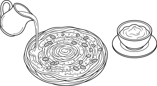 Traditional Indian Sweet Ghevar Vector Set with Milk Syrup Pouring Pitcher and Rabdi Bowl for Festival Dessert Menu Designs and Coloring Book Pages