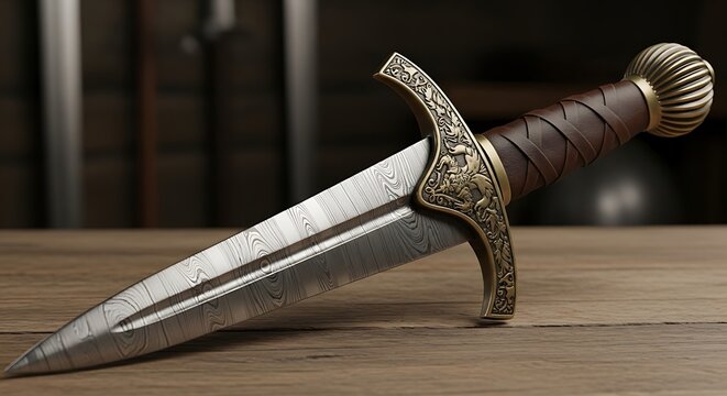 Crafted dagger with ornate bronze guard and wrapped handle on wooden surface