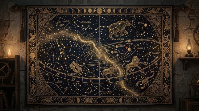 Intricate Vintage Celestial Map Displaying Zodiac Constellations and Cosmic Wonders