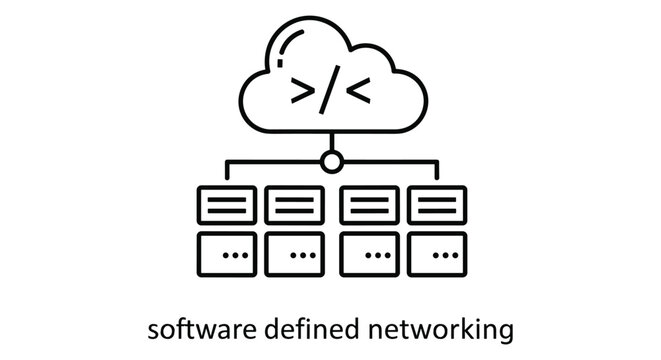 Vector illustration of software defined networking with cloud and connected devices for technology and IT infrastructure concepts.