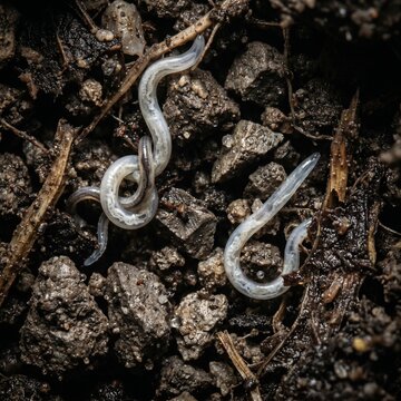 Creative Microscopic nematodes in dark organic soil, translucent parasitic worms on ground, macro view of soil biology and earthworm larvae