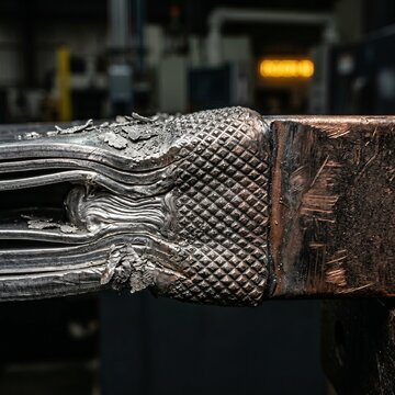 Creative Industrial ultrasonic metal welding joint, close up of bonded copper and aluminum plates, heavy duty manufacturing process in factory setting