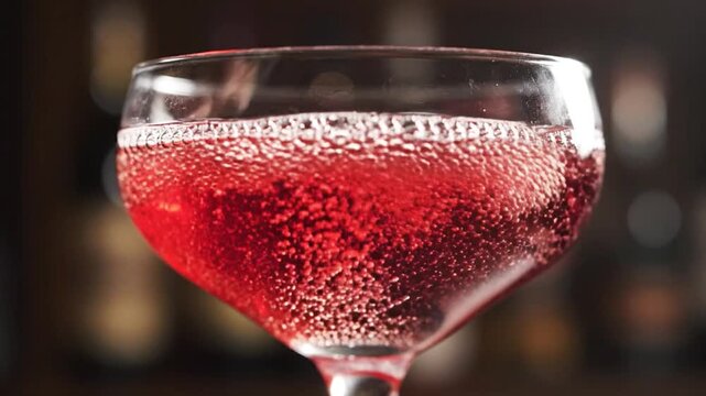 Close-up Macro Shot of Red Bubbles Forming in a Cocktail Glass with a Stream of Liquid