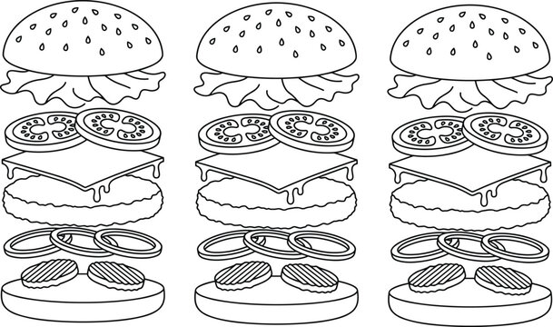 Deconstructed Exploded Hamburger Layer Vector Set with Floating Ingredients for Fast Food Menu Graphics, Restaurant Branding, and Kids Coloring Book Page Designs