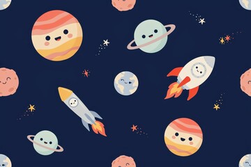 Fototapeta premium Seamless space pattern with cute smiling planets, rockets, and stars on a dark blue background, children clothing and accessories