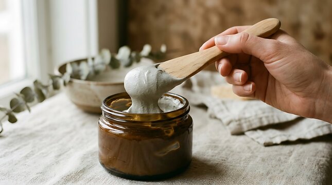 Woman Hand Scooping Organic Clay Mud Mask From Glass Jar