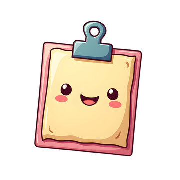Kawaii Clipboard Character: A cute and cheerful clipboard illustration with a smiling face, rosy cheeks, and expressive eyes, ready to capture notes or ideas with adorable charm.