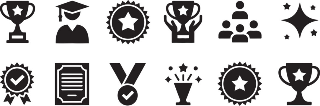 Awards, achievement icon collection including trophies, medals, certificates, ribbons, first-place badges, laurels, graduation symbols, and quality seals in modern flat vector style 
