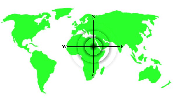 Animated Global World Map with Pulsing Navigation Compass Needle and Directional Pointer for Travel, Logistics, and International Business Location Tracking.