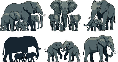 African Elephant Family Vector Illustration Set Featuring Mother and Baby Calf Characters with Silhouettes for Safari Wildlife and Conservation Graphic Designs © Sultana