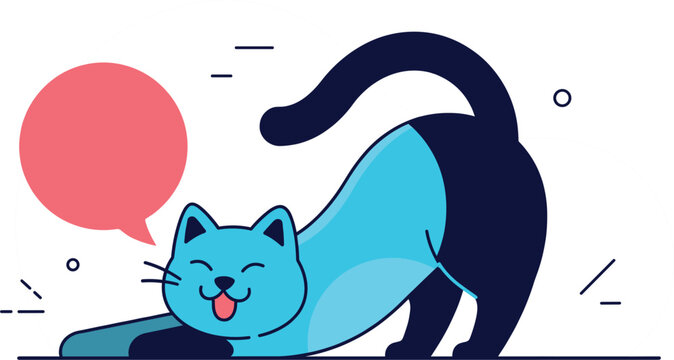 Cute stretching cat character with speech bubble playful pet cartoon vector illustration design icon