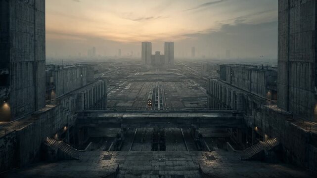 Monumental totalitarian cityscape with gray concrete buildings. Futuristic dystopian architecture at sunset. Vast urban infrastructure for civilization control concept.