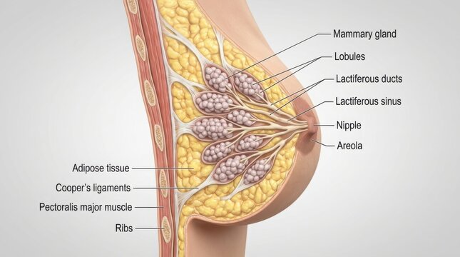 Anatomy of human female breast showing internal structure and glands illustration
