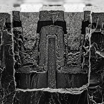 Creative Microscopic semiconductor cross section, scanning electron microscope image of integrated circuit layers, nanotechnology transistor structure in monochrome