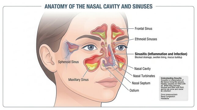 Medical illustration of human nasal cavity and sinus anatomy illustration