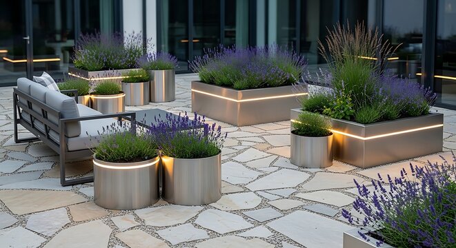 Modern outdoor seating area with wooden planters and lavender on flagstone patio