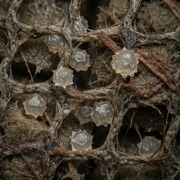 Creative Microscopic spider eggs in silk nest, extreme macro photography of translucent insect eggs, organic brown fibrous texture of arachnid egg sac