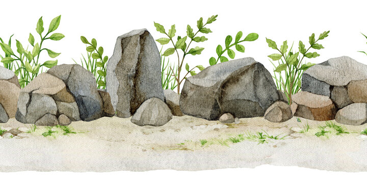 Stone border with rocks, pebbles and wild plants isolated. Watercolor hand painted seamless terrain asset for landscape scenes game design, maps, platformers and fantasy environments