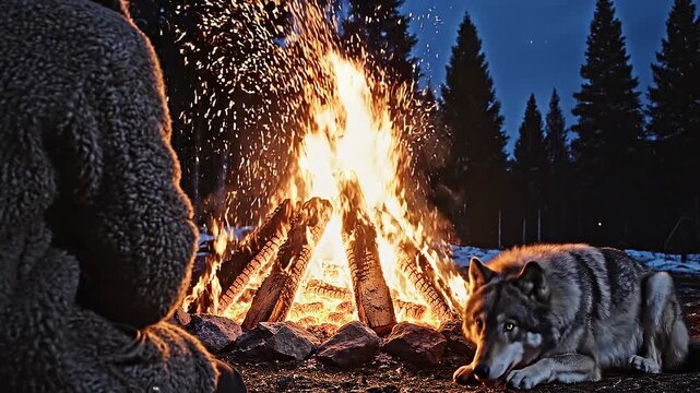 Wild wolf sitting by a roaring fire in a dark pine forest at night