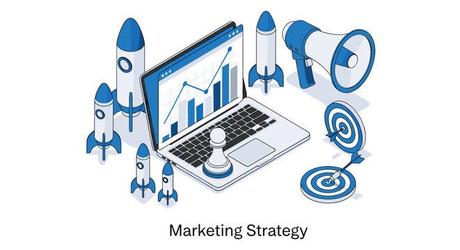 Vector illustration of digital marketing strategy with analytics, social media, and growth icons on a light background.
