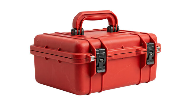 Red protective hard case with handle, durable waterproof equipment box for photography gear, rugged plastic storage container on white background