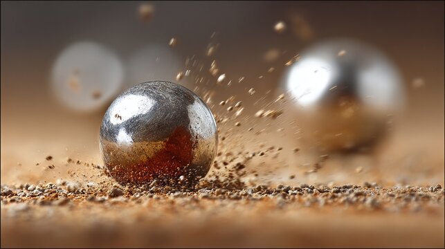 Abstract image capturing a shimmering spherical object impacting a textured surface, sending fine particles upwards. The visual suggests kinetic energy, motion, and interaction within a dynamic enviro