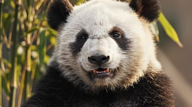 Gentle Giant Panda Bear with Eyes Closed in Bamboo Forest