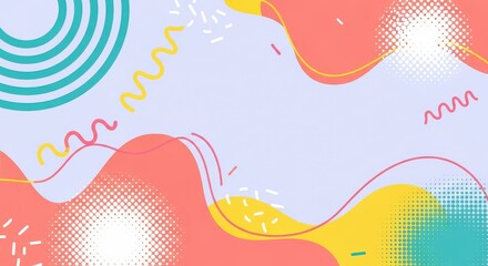 Fototapeta premium Colorful Memphis Style Abstract Background with Organic Shapes, Wavy Lines, and Halftone Patterns for Modern Graphic Design