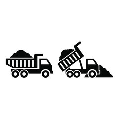 Two black dump trucks carrying and unloading soil or sand icon © Nur