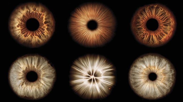 A mesmerizing and detailed close-up collection of six different human irises showcasing intricate patterns and textures with rich, earthy tones against a dark background, highlighting individuality an