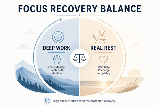 A diagram illustrates the Focus Recovery Balance, balancing Deep Work and Real Rest for high concentration.