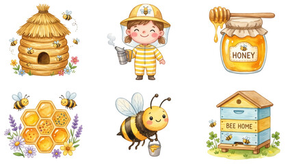 Fototapeta premium watercolor beekeeping set with cute beekeeper girl bees honeycomb and honey jar