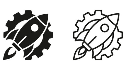 A pair of rocket spacecraft icons with gear background in black and white © Safa