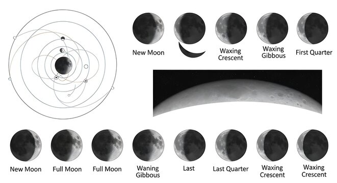 Detailed diagram of lunar phases from new moon to full moon and back