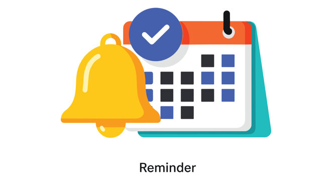 Flat vector illustration of a calendar reminder with a yellow bell icon and blue checkmark symbol for notifications and scheduling.