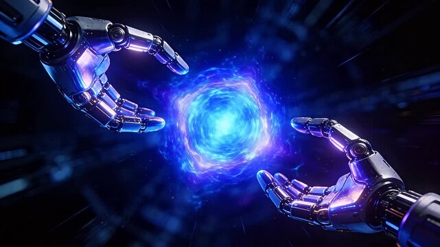 Robotic arms surrounding a glowing blue purple vortex energy core in a dark setting