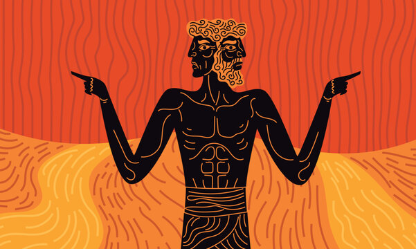 janus roman god with two faces pointing toward two paths
