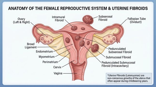 Anatomy of the female reproductive system with uterine fibroids medical illustration