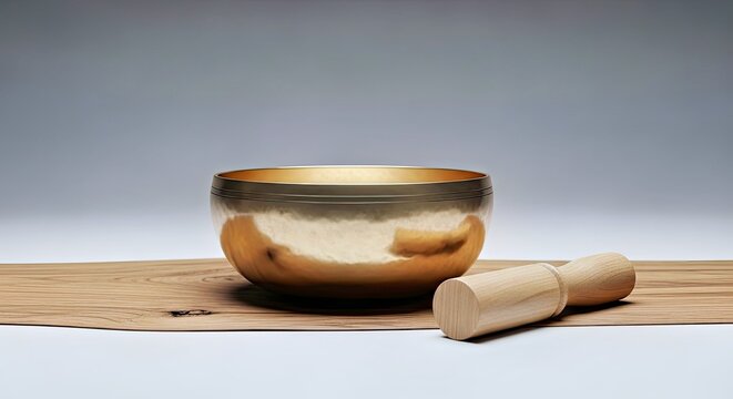 Golden Singing Bowl With Wooden Mallet on Bamboo Mat for Meditation and Wellness