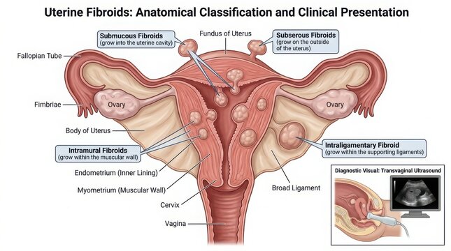 Medical illustration of uterine fibroids classification and anatomy illustration