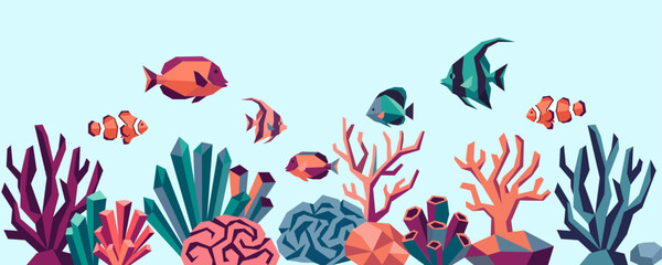 Geometric illustration of an underwater coral reef scene with various tropical fish swimming against a light blue background. © โยธิน ทุมจีน