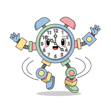 Colorful clock with alarm and objects around it.